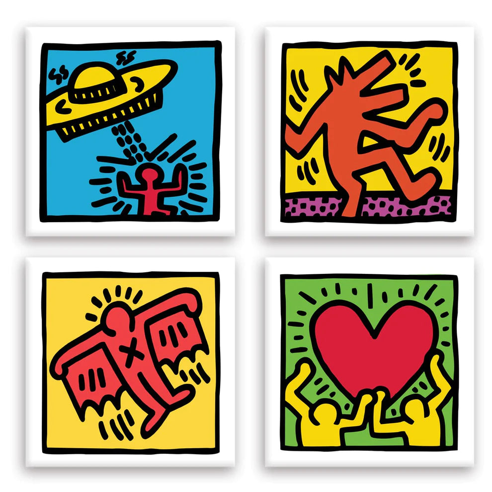 Keith Haring in Composite Pop Art: Il Manifesto Creativo su 4 Tele Canvas 40x40cm