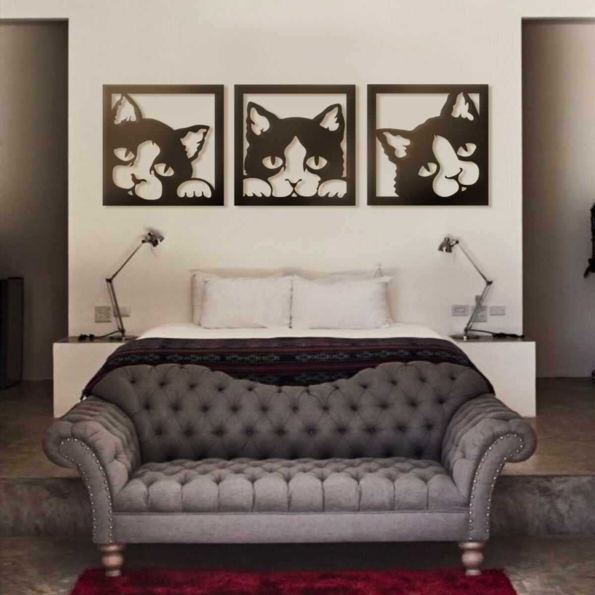 Quadro Trittico Gatti neri traforati Cat 48 x 144 cm - PlastiWood